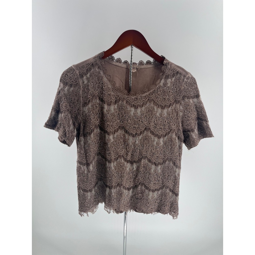 Pol Taupe Brown Floral Lace Ribbed Back Short Sleeve Boho Top Womens Size Medium